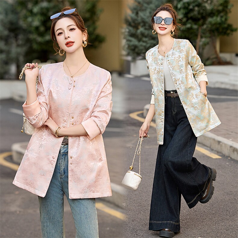 国风年轻款漂亮提花外套女中长款2025春高端缎面减龄收腰显瘦上衣，女装短外套，姿衣坊