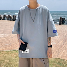 YT26062-P30亚麻短袖t恤男大码五分袖男宽松七分袖港风模特，男装T恤，电商A040
