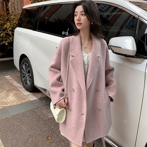 M家经典高级感双面羊绒大衣女系带羊驼绒中款小个子宽松毛呢外套图片
