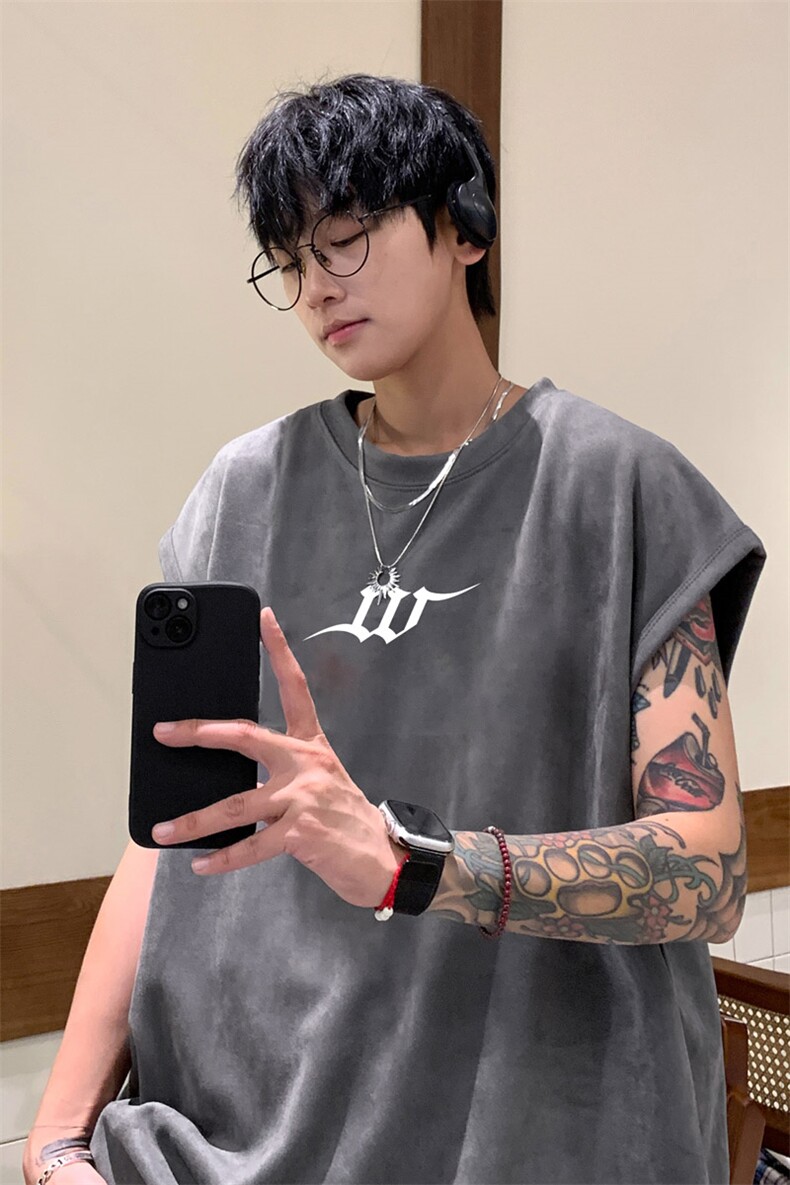 12025夏季新款男士印花麂皮绒无袖T恤百搭背心TLBX15特P18,男装T恤,电商B220