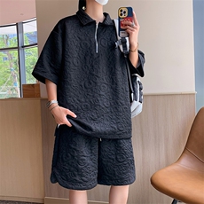 套装男韩版潮流暗纹熊熊痞子帅POLO衫2023夏季ins五分裤W4853-P49，男装休闲套装，星座412-3