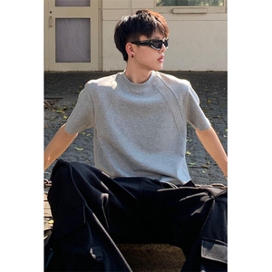 重磅拼接小领口短袖男夏季潮牌美式t恤廓形五分袖宽松内搭上衣服图片
