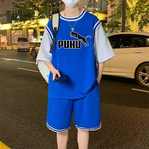 夏季短袖T恤套装青少年纯棉吸汗男潮流两件套男装TZ393P60控89图片