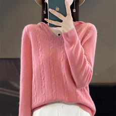 女士2025新款扭花帽衫，女装针织衫/毛衣，萱芳婷羊绒