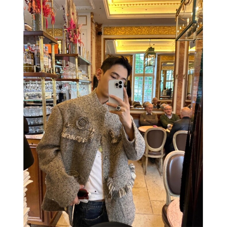 现货自制款抖音质量设计款拉毛胸花小香风夹克，男装夹克，星座910A