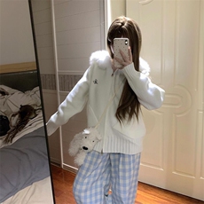 韩系小个子复古时尚毛领连帽针织开衫女春秋宽松百搭外穿毛衣外套，女装针织衫/毛衣，星座506A