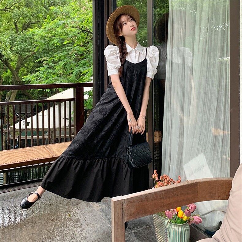夏季法式质感高级黑色提花吊带长裙女时尚百搭宽松大摆度假连衣裙,女装连衣裙,浙宝276（原081）