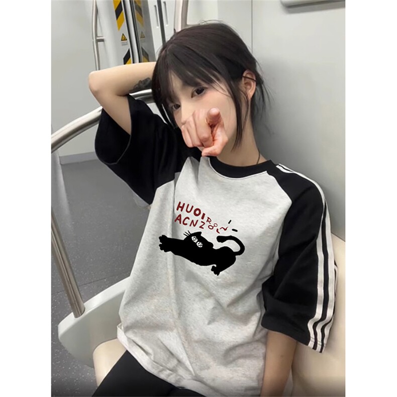 夏季美式高街重磅纯棉三条杠织带插肩撞色男女短袖T恤CZ187-特P25图片