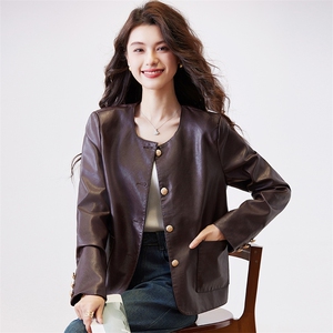 小香风皮衣外套女春秋2024新款小个子气质短款圆领机车皮夹克上衣图片
