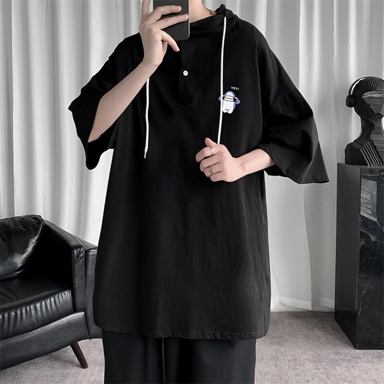 LD54167-P45连帽短袖t恤男大码胖子带帽五分袖中袖,男装T恤,电商A040