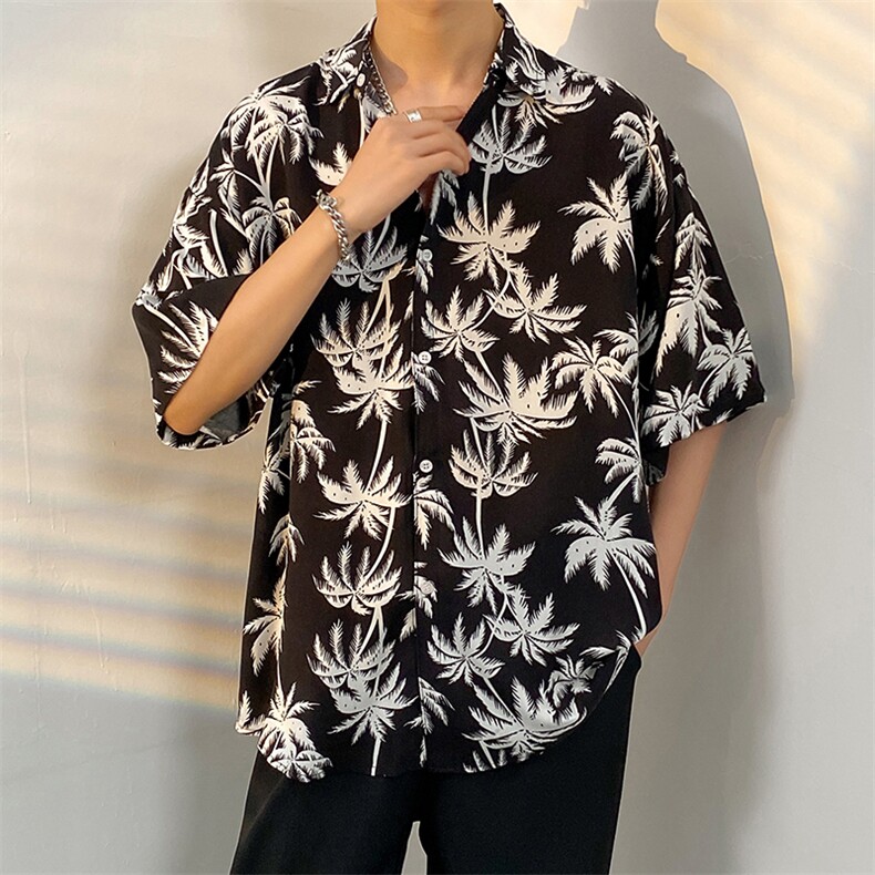 夏季冰丝花衬衫男海边沙滩短袖男潮流ins宽松花衬衣CS801-P35,男装T恤,电商A062