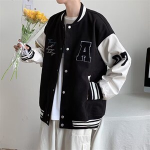 vibe美式棒球服男春秋黑白拼接飞行员夹克毛呢布皮袖BJ309P65图片