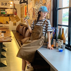 休闲工装背带连衣裙套装女2025夏季新款学院风减龄条纹t恤两件套，女装套装/套裙，浙宝276（原081）