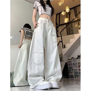 2501-P40 美式复古明线解构白色弯刀牛仔裤女街头垂感图片