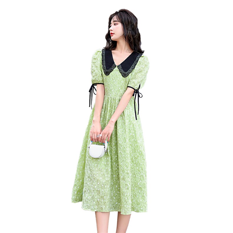 2022夏季新款女装时尚潮流韩版大码女装V领中长款短袖印花连衣裙,女装连衣裙,尚洛菲