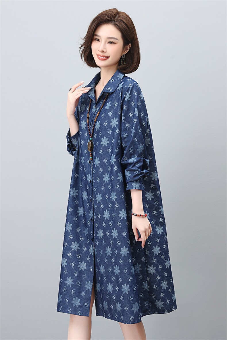 印花连衣裙2024新款春季女装宽松大码显瘦衬衫裙春秋气质裙子,女装连衣裙,涵誉