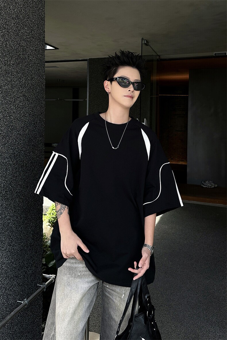 8XL-M美式小众高级感拼接短袖T恤男夏简约百搭宽松纯棉上衣DX336,男装T恤,电商D206-1
