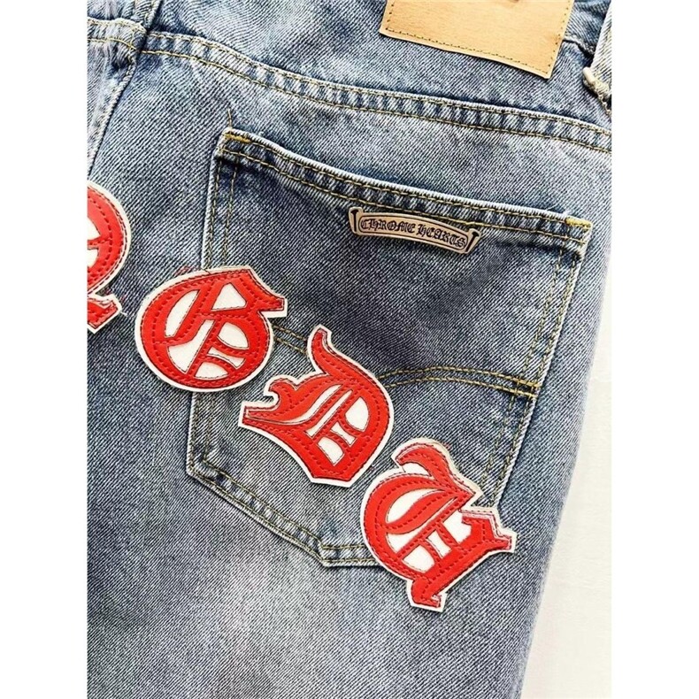 美式潮拼皮梵文字母红十字架牛仔裤男宽松直筒做旧长裤AMH690P60,男装牛仔裤,星座1013-5