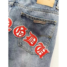 美式潮拼皮梵文字母红十字架牛仔裤男宽松直筒做旧长裤AMH690P60，男装牛仔裤，星座1013-5