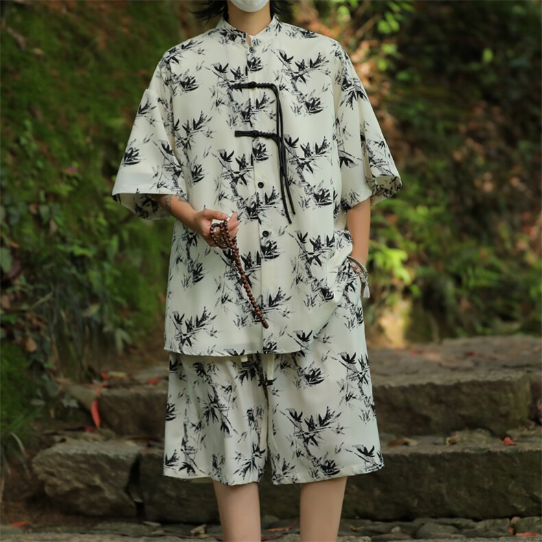2025夏季新中式冰丝垂感花衬衣宽松休闲五分套装男TZ655-P58控78,男装休闲套装,电商C305A