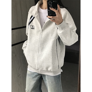 ！白花灰美式运动条纹拼接开衫重磅卫衣外套图片