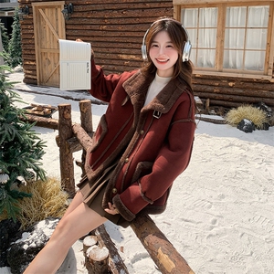 红羊羔毛皮毛一体外套女新款爆款秋冬加厚短款麂皮绒机车服图片