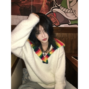 【有货】MY451LL-特P60彩虹高领毛衣男女仿貂毛针织衫外套图片