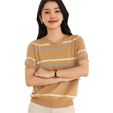 条纹纯棉线短袖t恤女针织打底衫女夏季新款拼色圆领半袖短款上衣，女装T恤，伊绒腾羊绒