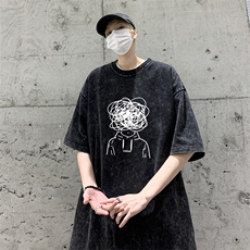 水洗做旧夏季美式复古字母印花五分袖短袖T恤XZ211-1-T7705-P38，男装T恤，星座211-1