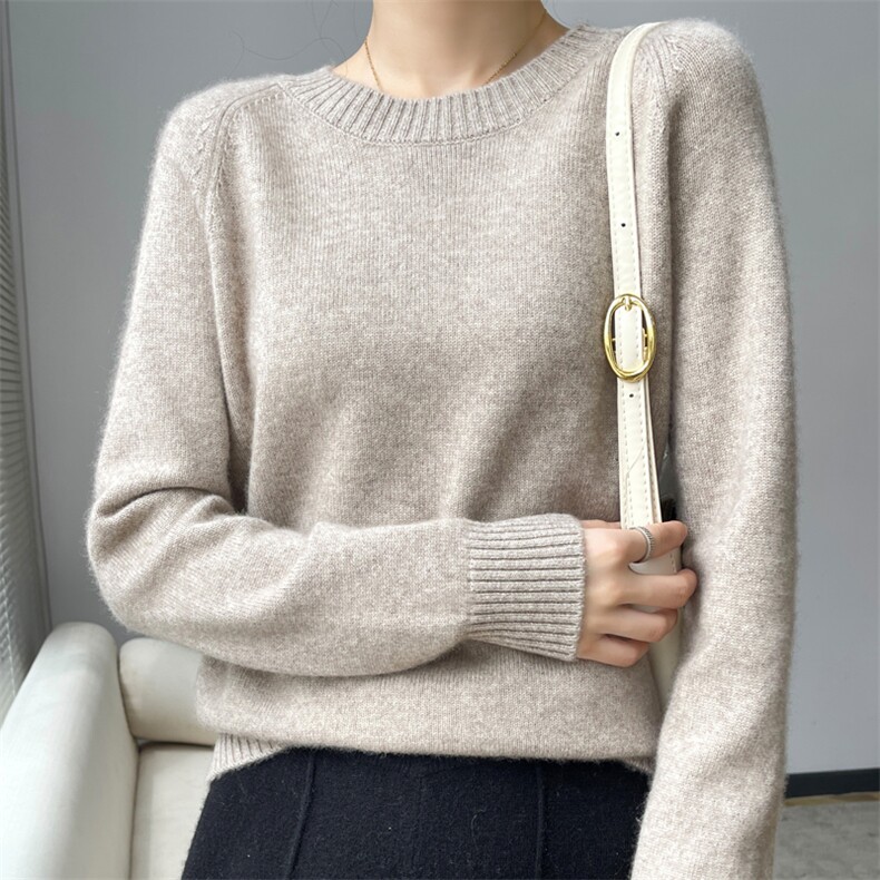 山羊绒衫纯色秋冬季新款宽松圆领百搭时尚绞花针织毛衣羊毛打底衫，女装羊绒衫，轩妮羊绒