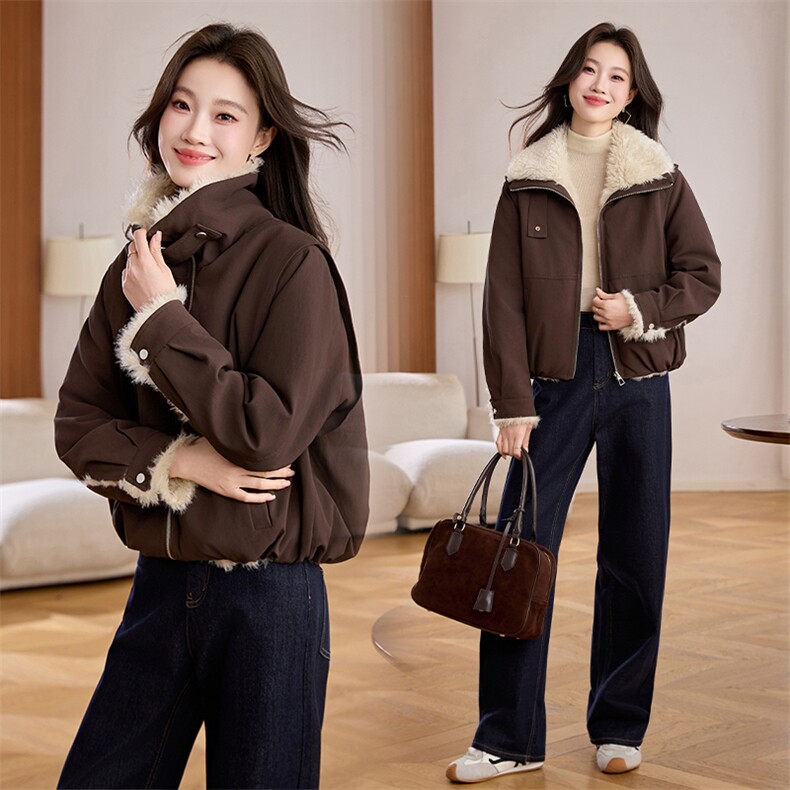 时尚减龄洋气加绒外套2025年秋冬新款宽松加厚派克服，女装羊羔毛/颗粒绒，秀美人生
