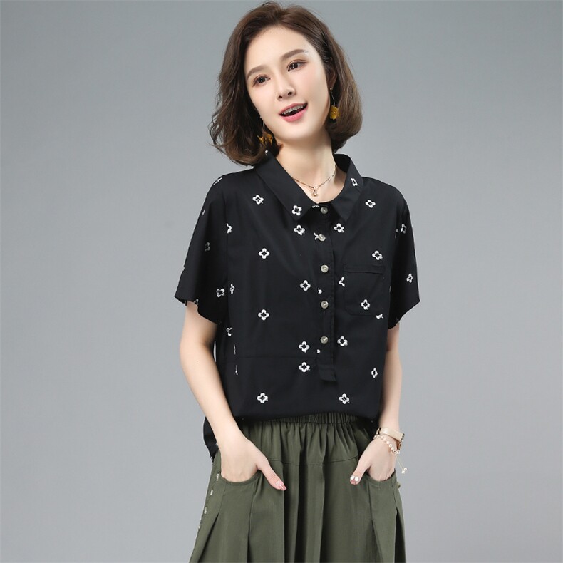 2024年夏装新款纯棉套头衬衫女短袖韩版宽松显瘦时尚减龄刺绣上衣，女装衬衫，奕阳依阁