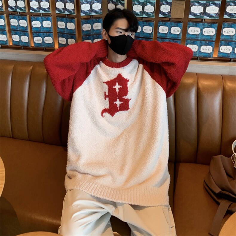 撞色秋冬毛衣男设计宽松慵懒风休闲套头针织衫线衣潮MY05637-P63,男装针织衫/毛衣,星座308B-2