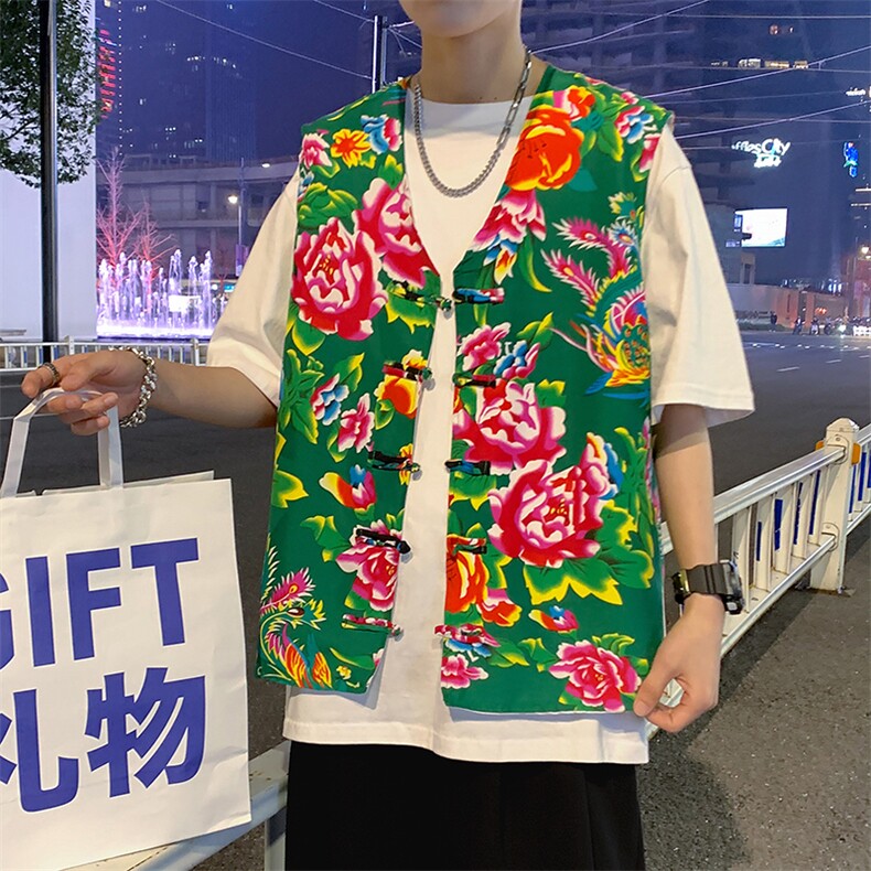 MJ02春夏双层新男女士盘扣风特色东北大花马甲外套团服婚庆,男装背心/马甲,星座115A(原星座507）