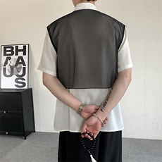 夏装2025新中式改良立领内搭衬衫男女网纱拼接风书法大码汉服，男装衬衫，星座909