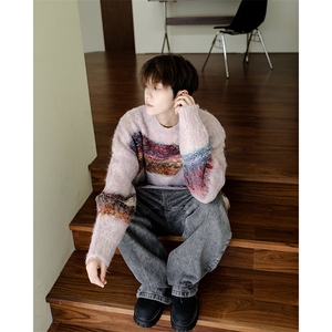 秋冬季美式潮牌新款渐变条纹毛衣宽松休闲慵懒风百搭针织衫图片