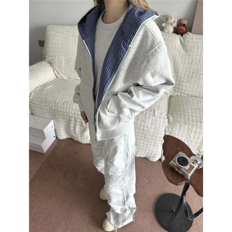 双面穿蓝格纹开衫连帽卫衣男女短宽版型休闲百搭外套WYW32-P58，女装短外套，星座208-5