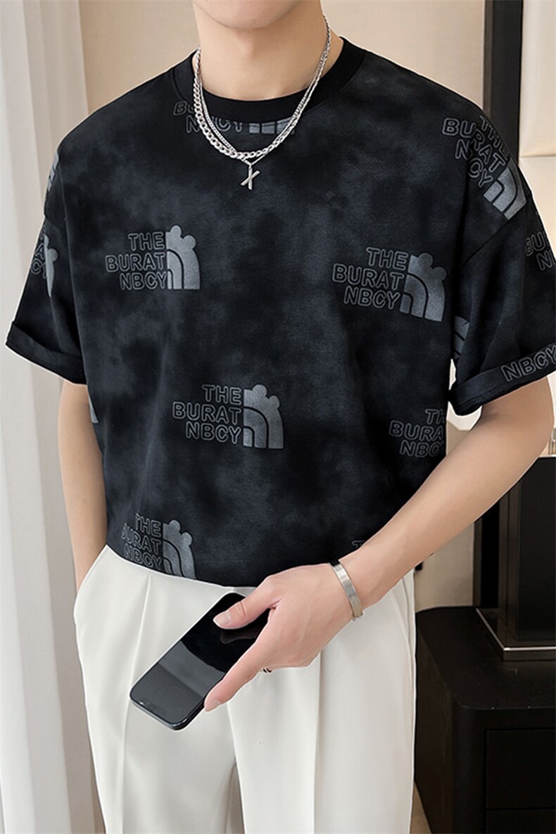 2024轻熟风复古扎染男士圆领宽松套头潮牌印花短袖T恤TX44/P55,男装T恤,电商A243