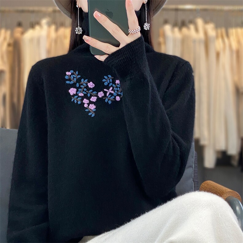 堆堆领100%纯羊毛衫女秋冬新款手工刺绣高领梅花羊绒衫百搭打底衫,女装羊毛衫,北娇羊绒