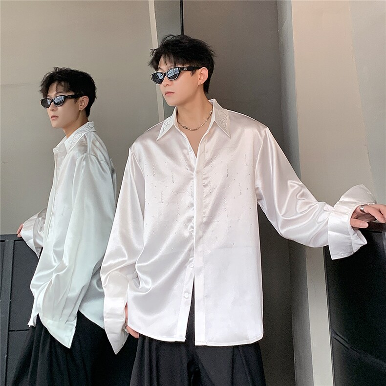 流星丝缎烫钻细闪长袖衬衫垂感宽松春秋季衬衣外套CS96-P58,男装衬衫,电商C307