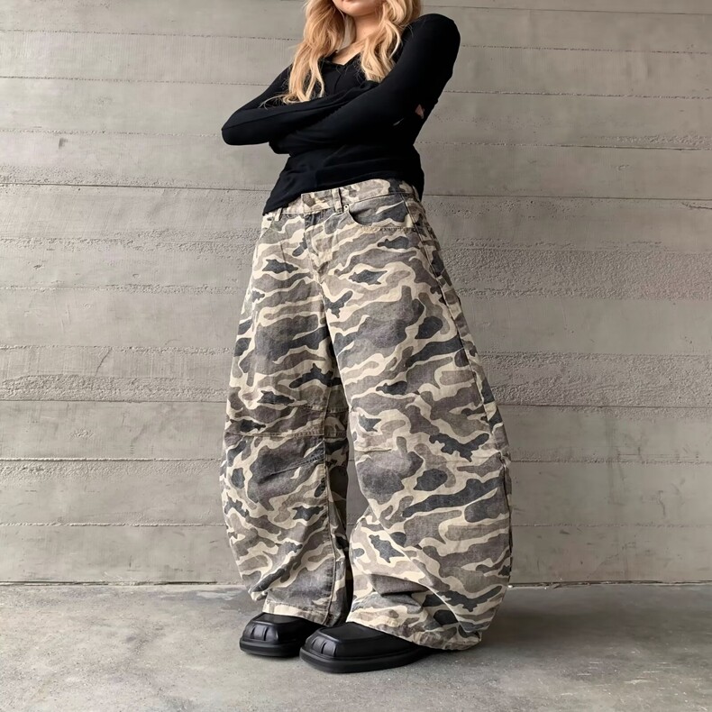 美式复古迷彩弯刀牛仔裤男女款2025春季新款修身显瘦阔腿拖地裤,女装休闲裤,星座218-8