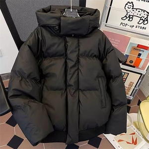 现货5W件冬季三防重磅boxy短款羽绒连帽PU皮棉衣外套防风加厚棉服