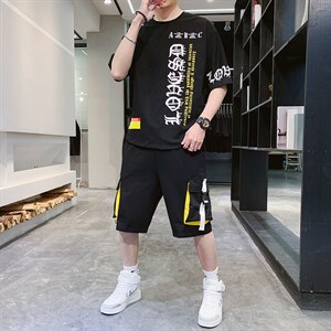 夏季新款短袖T恤五分裤套装运动休闲宽松潮流两件套男装F178P70