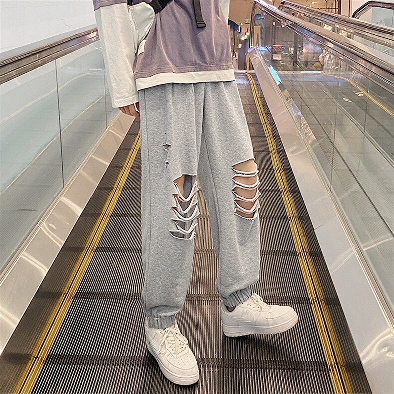 20港风秋冬破洞九分裤中性风卫裤束脚裤长裤子504-K2059-P50,男装休闲裤,星座504