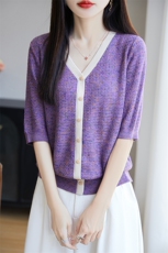 法式小香风轻薄假开衫短袖T恤女2025气质外搭莱赛尔针织小衫上衣，女装针织衫/毛衣，唐诺