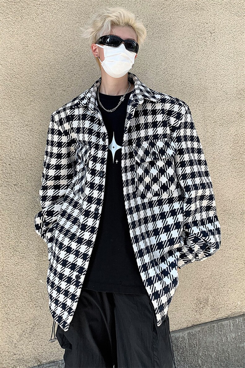 美式复古黑白毛呢格纹宽松翻领夹克男女外套B289-JK502-P105,男装夹克,电商B289