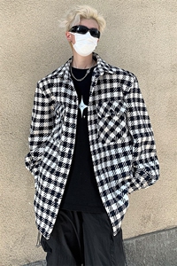 美式复古黑白毛呢格纹宽松翻领夹克男女外套B289-JK502-P105图片