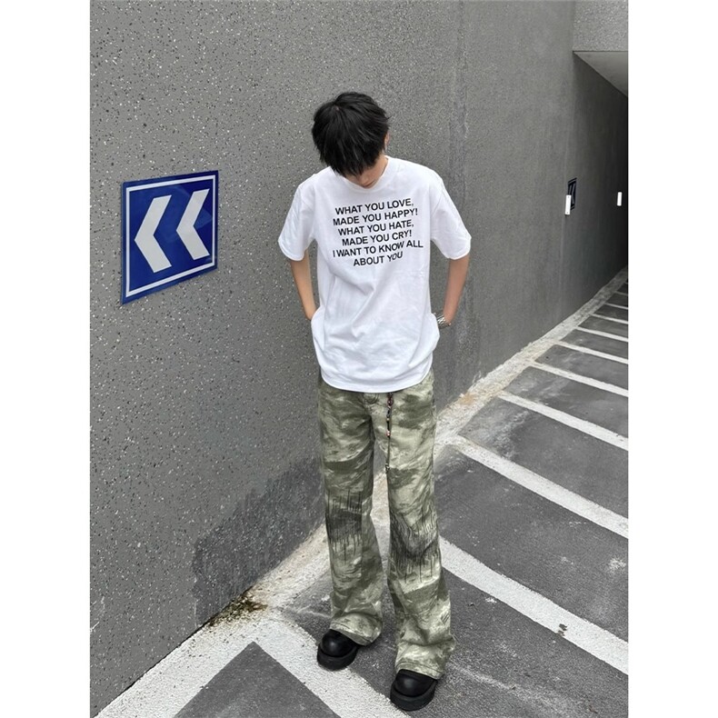 2025新款迷彩牛仔裤男潮牌美式高街刺绣工装裤子直筒弯刀微喇裤,男装牛仔裤,星座506A