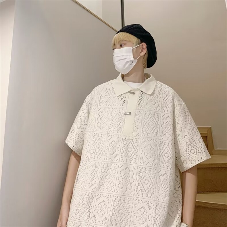 提花网格POLO衫男韩版潮流帅气2023夏季新款ins宽松外套WB065-P41,男装Polo衫,星座412-2