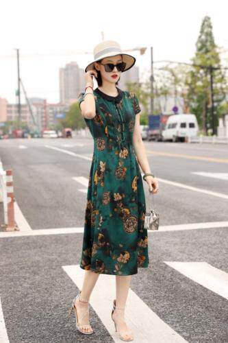 娃娃领减龄真丝缎连衣裙，女装连衣裙，澳洛菲